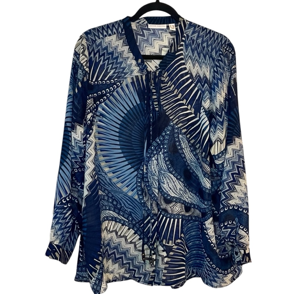 Susan Graver Blue Abstract Patterned Women's Plus Size Blouse Office Business